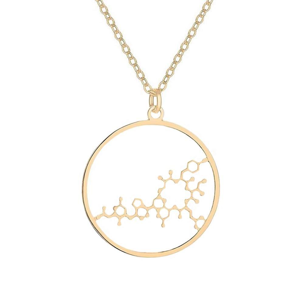 [Australia] - NOUMANDA Geometric Chemical Hormone Molecular Science Necklace Laser Cutting Metal Oxytocin Round Pendant Jewelry gold 