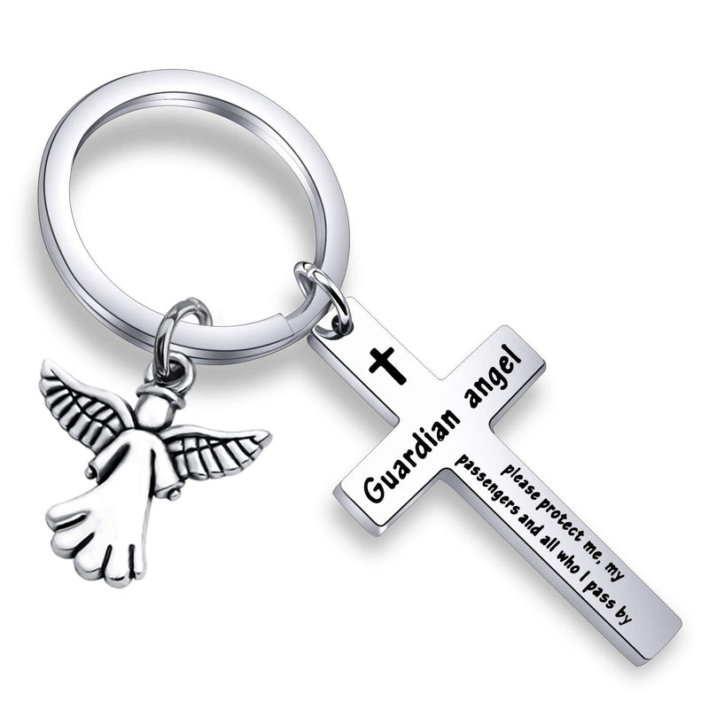 [Australia] - FEELMEM Guardian Angel Prayer Cross Keychain Guardian Angel Protect Me My Passengers and All Who I Pass by Safe Drive Safe Trip Travel Safely Keyring Motorist Prayer Gift Biker Gift silver 