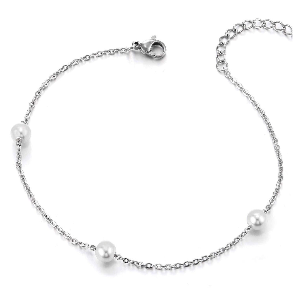 [Australia] - COOLSTEELANDBEYOND Elegant Stainless Steel Link Chain Anklet Bracelet with Charms of Pearls, Adjustable 