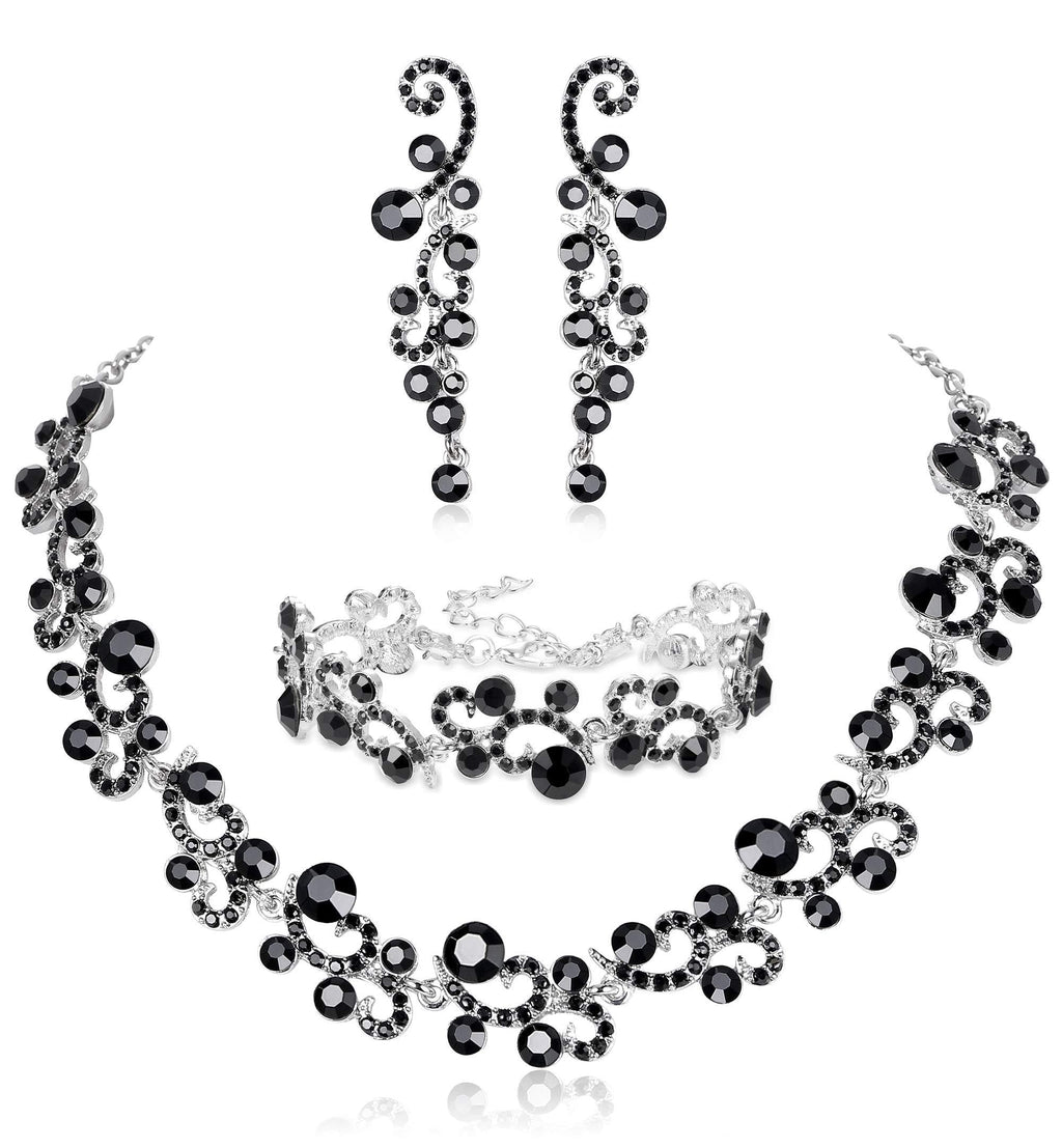 [Australia] - JOERICA Rhinestone Necklace and Earrings Set for Women Wave Flower Fashion Costume Jewelry A: Black 