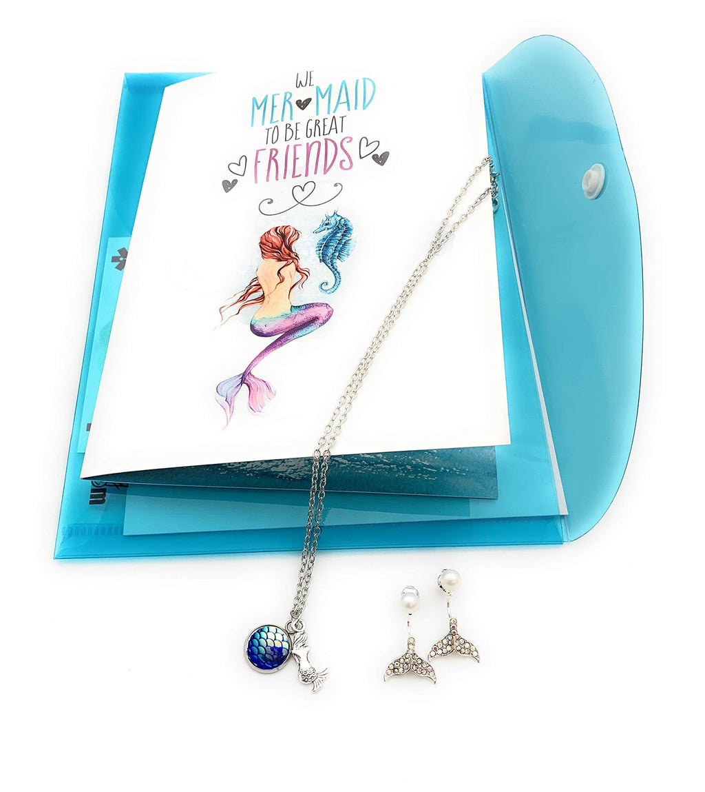 [Australia] - Smiling Wisdom - We Mer-maid to Be Friends Gift Set - Blue Green Scale Mermaid Necklace and Drop Stud Sparkle Earrings Cute Jewelry for Girls, Tween, Teen, Woman Friend - Silver Sparkle - New 