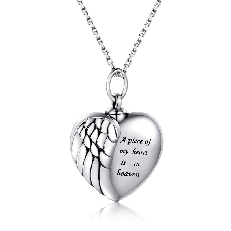 [Australia] - 925 Silver Angel Wing Heart Urn Pendant Necklace for Ashes - A Piece of My Heart is in Heaven Memorial Keepsake Cremation Jewelry 