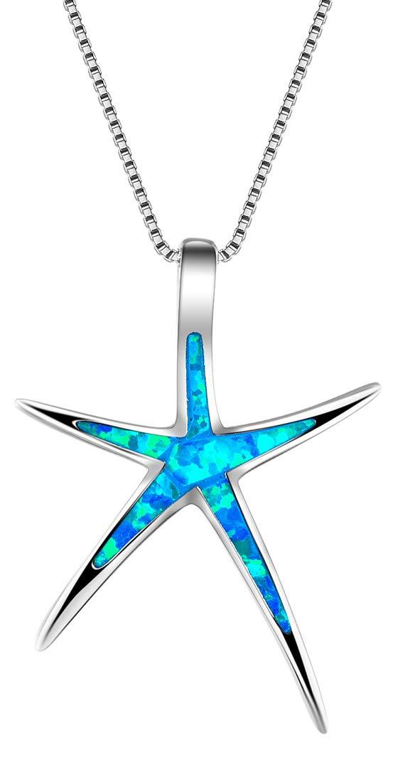 [Australia] - Sterling Silver Starfish Necklace Pendant Earrings Blue Opal White Opal or Green Opal Pendant Necklace 