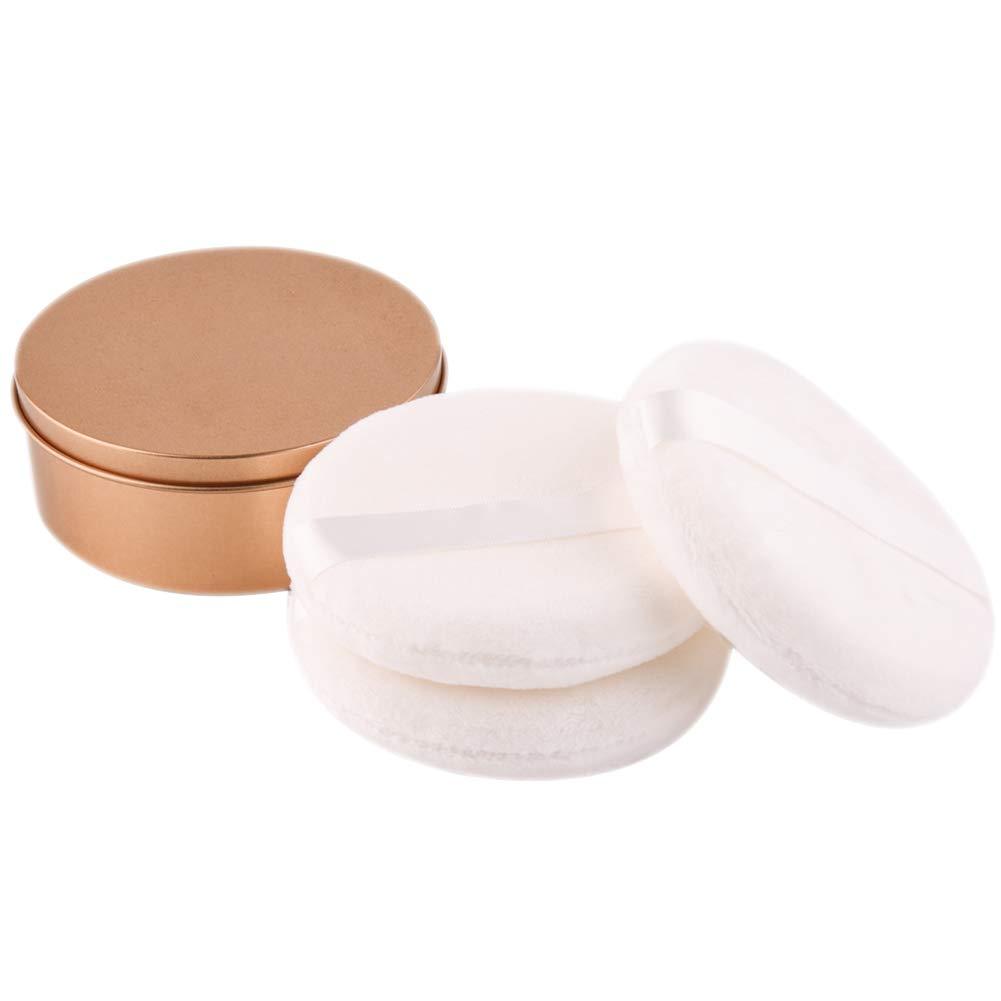[Australia] - WXJ13 3 Pack 4.12 Inch Large Powder Puff with Metal Powder Box, Smooth Soft Puff with Ribbon Band Handle for Body Loose Powder 