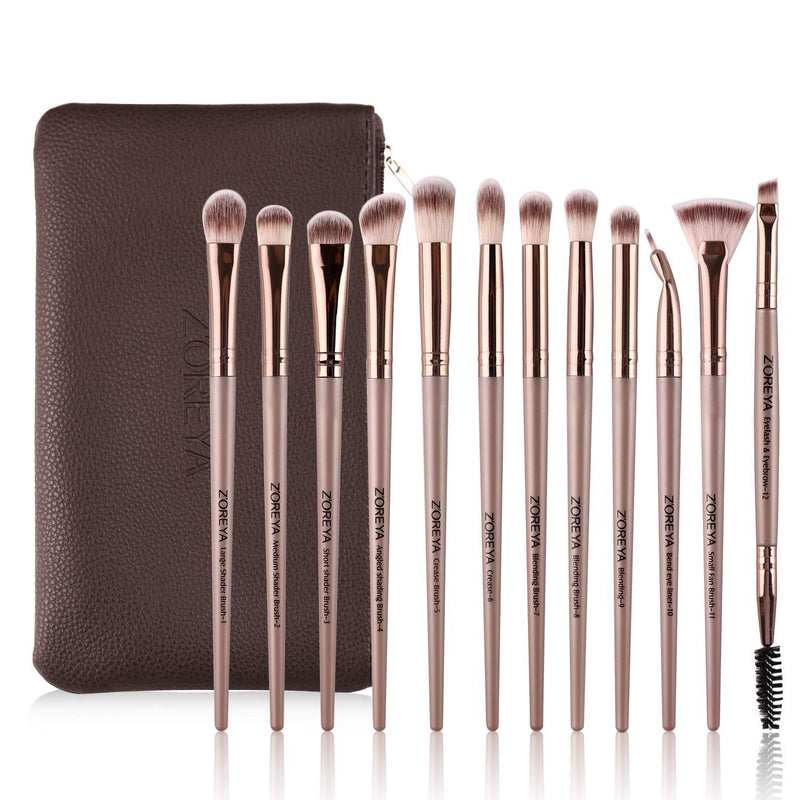 [Australia] - Zoreya Eye Makeup Brushes, 12 Pcs Professional Eye Brush Set Eyeshadow, Eyebrow, Blending, Fan, Eyelash Brushes Set With Carrying Bag(Champagne Gold) Champagne Gold 