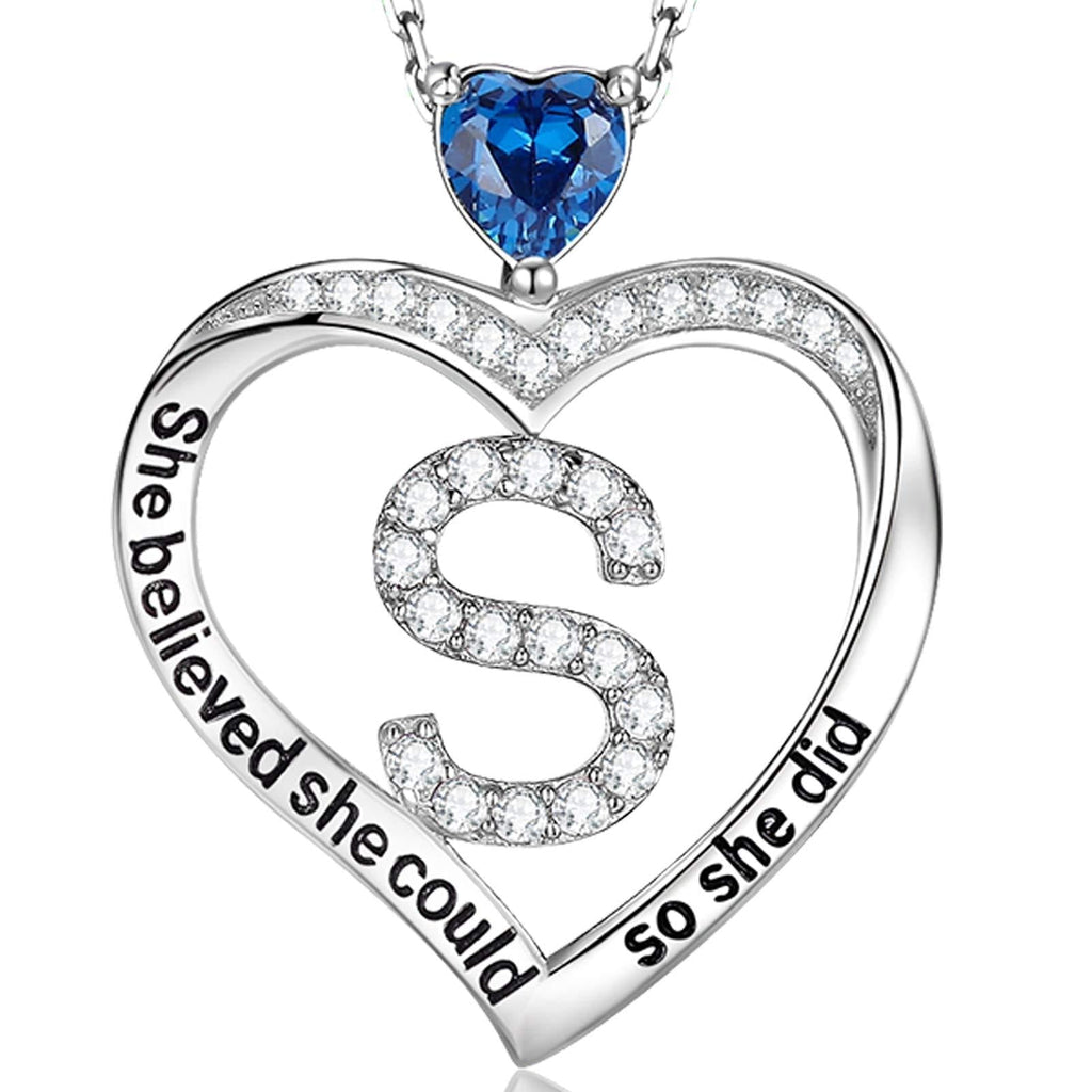 [Australia] - Blue Sapphire Necklace Initial S Jewelry for Teen Girls Birthday Gifts She Believed She Could so She Did Heart Pendant Sterling Silver 