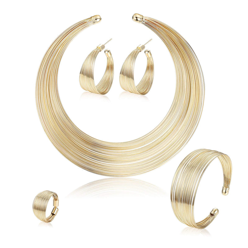 [Australia] - ORAZIO Bib Choker Statement Necklaces for Women Cuff Bracelet Open Hoop Stud Earrings Ring African Chunky Costume Jewelry Set A:Gold Tone 