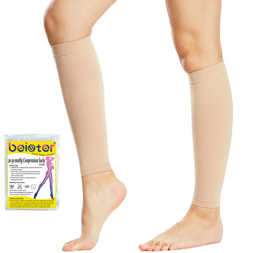 [Australia] - Beister 1 Pair Compression Calf Sleeves (20-30mmHg), Perfect Calf Compression Socks for Running, Shin Splint, Medical, Calf Pain Relief, Air Travel, Nursing, Cycling Small Beige 