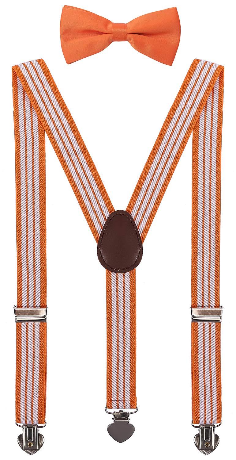 [Australia] - WDSKY Mens Boys Suspenders and Bow Tie Set for Wedding with Heart Clips 47" adult Orange Stripe 