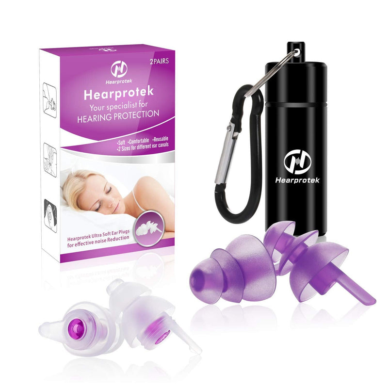 [Australia] - Sleeping Ear Plugs, Hearprotek 2 Pairs Ear Plugs (32db & 30db) Ultra Soft Noise Reduction and Hearing Protection earplugs for Side Sleepers, snoring, Travel, Working, Safety (Purple) Purple 