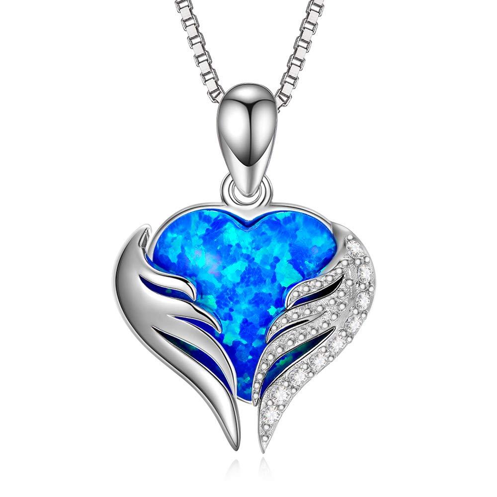 [Australia] - SOULMEET Angel Wings Heart Necklace with Simulated Opal&Cubiz Zirconia for Women Girls Sterling Silver Jewelry Christmas Gifts Birthday 