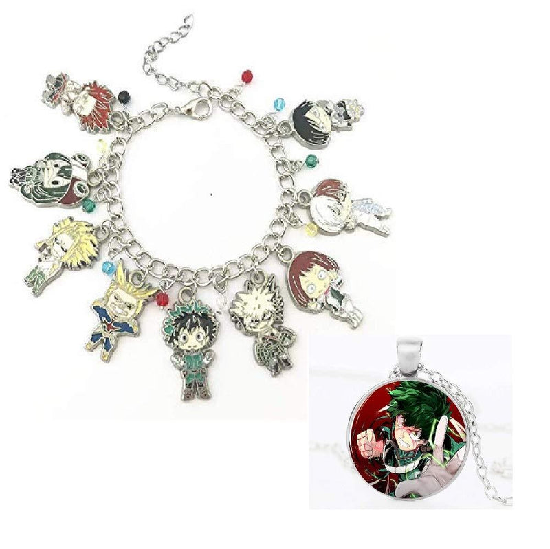 [Australia] - My Hero Academia Bracelet Necklace Set - 1 MHA Manga Charm Bracelet, 1 Midoriya Izuku Necklace Cosplay Jewelry Series for Anime MHA Fans 