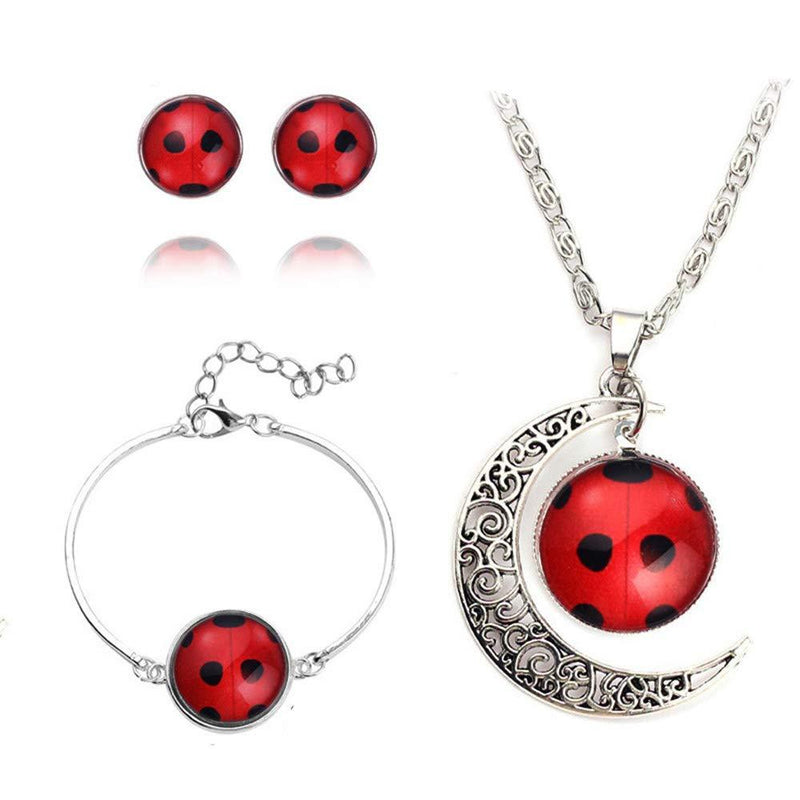 [Australia] - La Espoir Red Ladybug Insect Earring Necklace Bracelet Set 