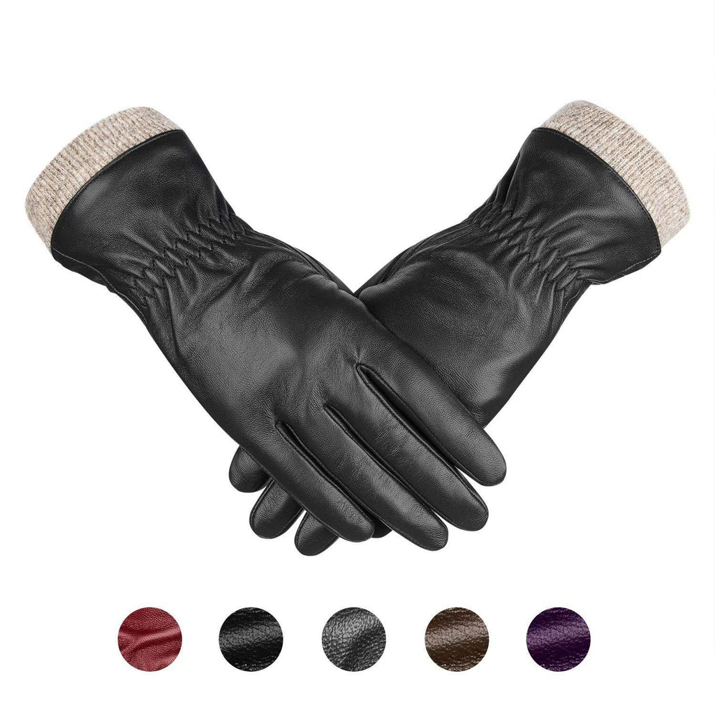 [Australia] - Genuine Sheepskin Leather Gloves For Women, Winter Warm Touchscreen Texting Cashmere Lined Driving Motorcycle Dress Gloves Black(cashmere Lining) S-6.5 