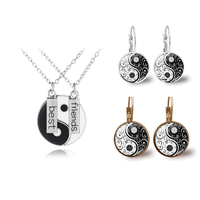 [Australia] - Yin Yang Pendant Necklace Taichi Earring Black White Best Friend Necklace Chinese Taoism Cremation Jewelry Set for Women 