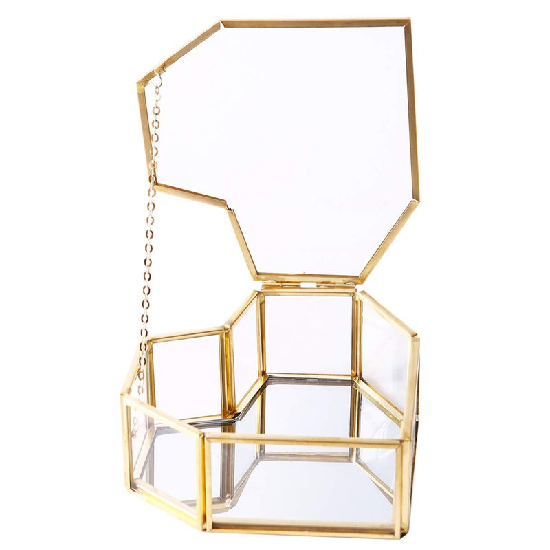 [Australia] - Heart-Shaped Golden Glass Jewelry Box, Small Jewel Display Clear Glass Case Organizers Lidded Treasure Box for Desktop, Dresser, Bathroom and Home Decor, Gold Brass Edge 