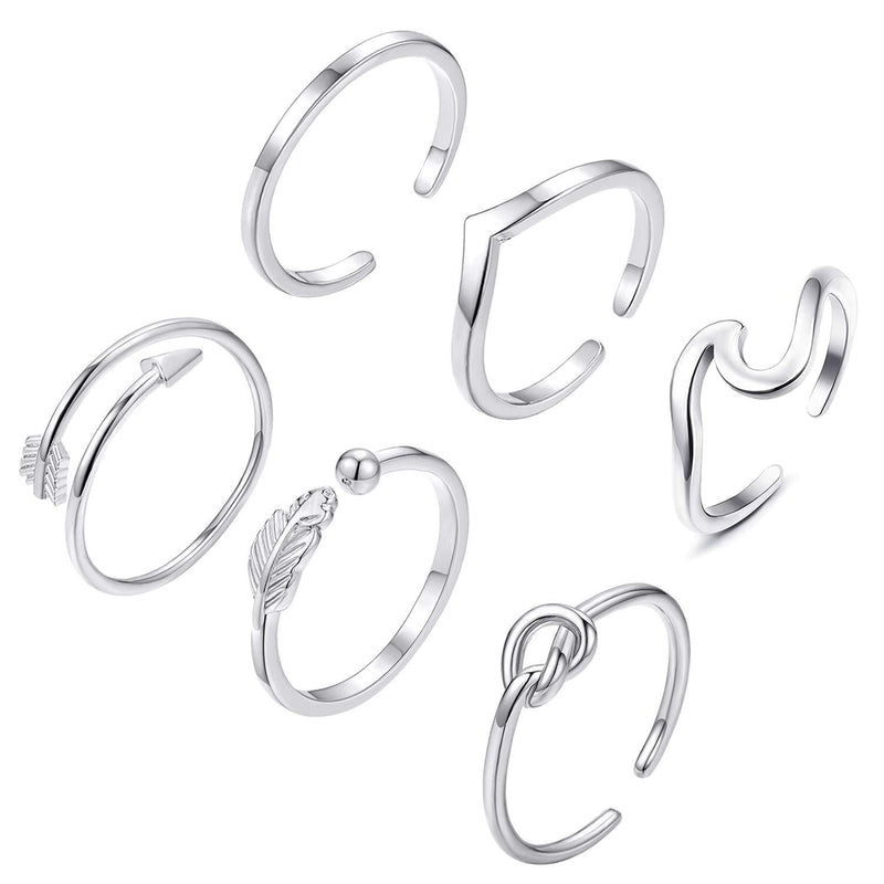 [Australia] - FUNEIA 6PCS Arrow Knot Wave Rings for Women Adjustable Stackable Thumb Open Rings Set A:Silver 