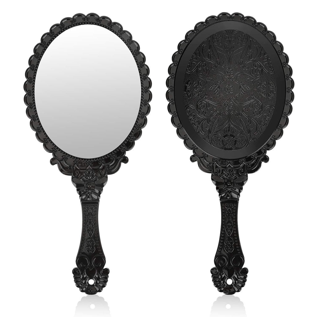 [Australia] - Vintage Handheld Mirror, YUSONG Small Hand Held Decorative Mirrors for Face Makeup Embossed Flower Portable Antique Travel Personal Cosmetic Mirror with Powder Puff (Black) Black 