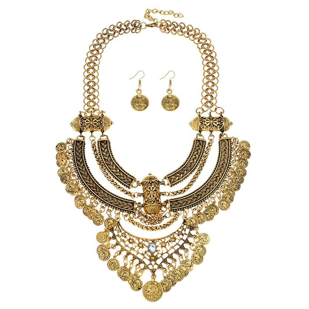 [Australia] - Ufraky Women Vintage Bohemian Ethnic Gypsy Bib Chunky Festival Statement Coin Necklace and Earrings Set Anti gold 