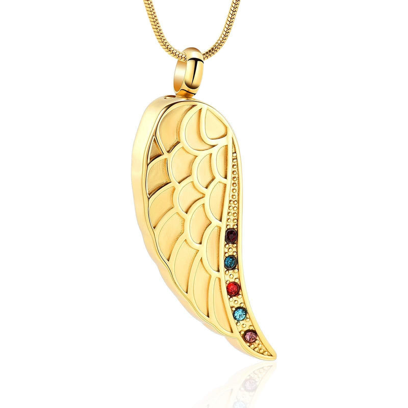[Australia] - Cremation Jewelry Urn Necklace for Ashes with Angel Wing Charm Heart Eternity Stainless Steel Cremation Necklace Wing-Gold 
