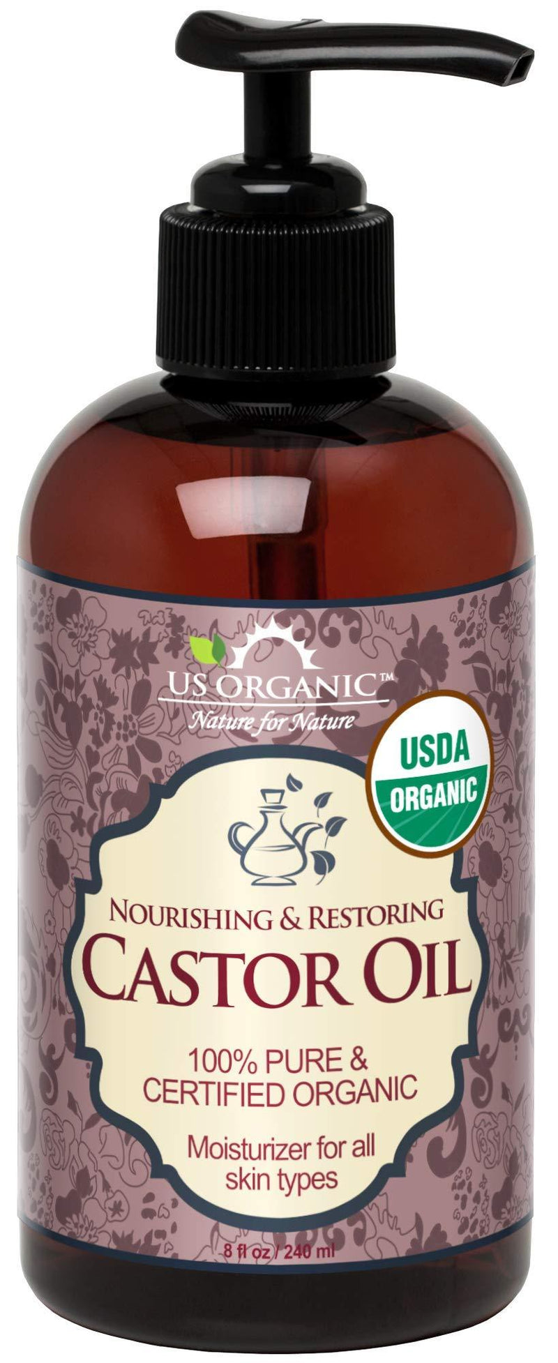 [Australia] - US Organic Castor Oil, USDA Certified Organic,Expeller Pressed, Hexane Free, 100% Pure & Natural moisturizing and emollient properties, For Skin, Hair Care, Eyelashes, DIY projects (8 oz (240 ml)) 8.12 Fl Oz (Pack of 1) 