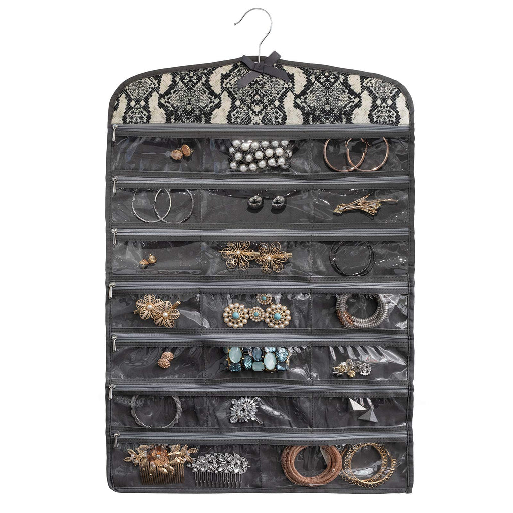 [Australia] - Once Upon a Rose Hanging Jewelry Organizer with Zippers, Over The Door Jewelry Organizer, Double Sided with Clear Pockets, 17" x 30", Includes Hanger (Snake Print) Snakeskin 