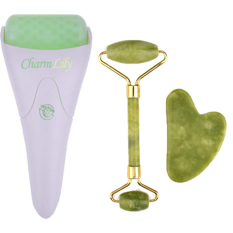 [Australia] - Jade & Ice Roller + Gua Sha Massager Tool Set for Face & Eyes by Charmlily, Puffiness, Reduce Wrinkle Aging, Migraine, Pain Relief on Neck & Body, Cold Facial Rollers Original Natural Stone - 3 in 1 Jade 