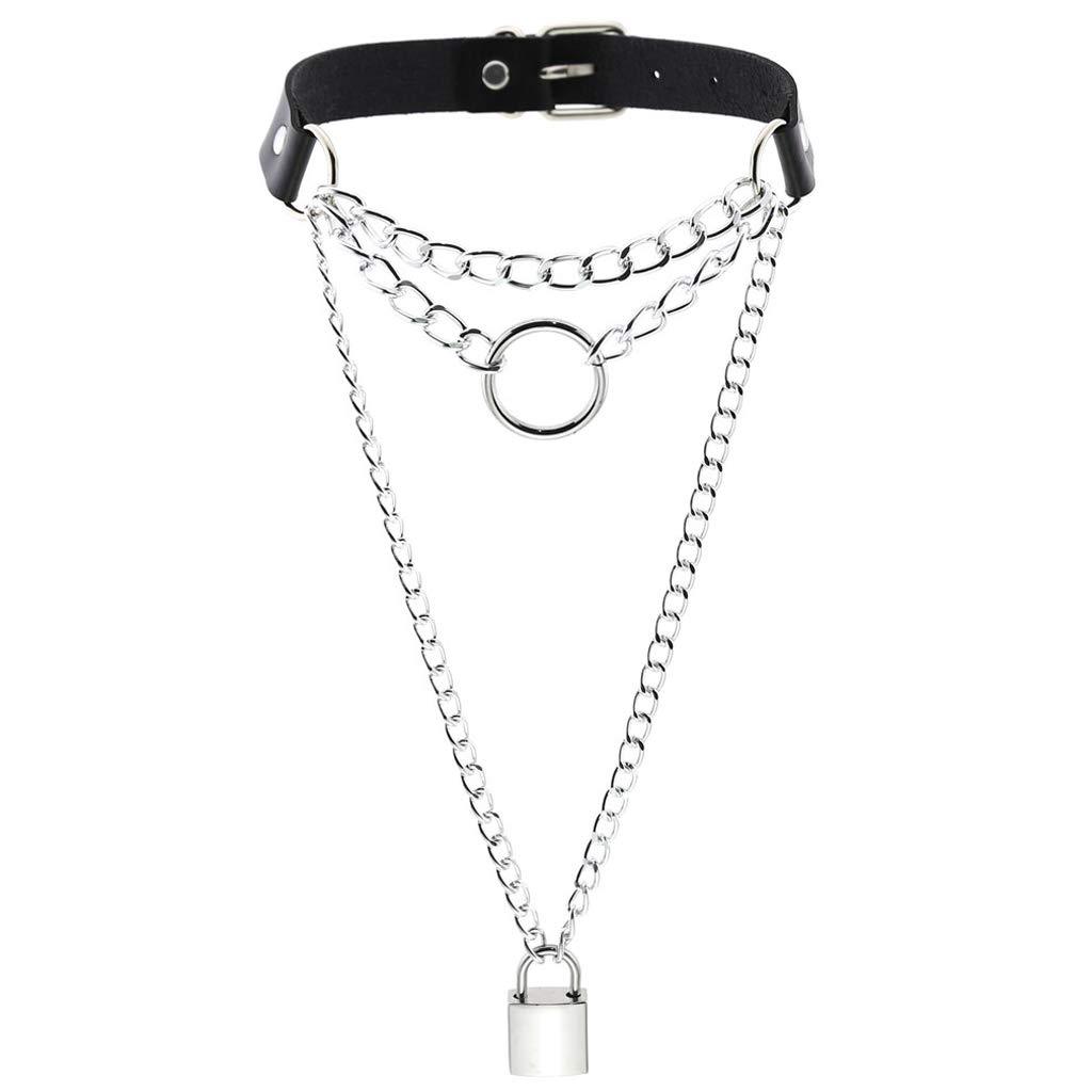 [Australia] - Women Girls Lock Chain Necklace Choker Gothic Punk Rock Leather Pendant Necklace Black 
