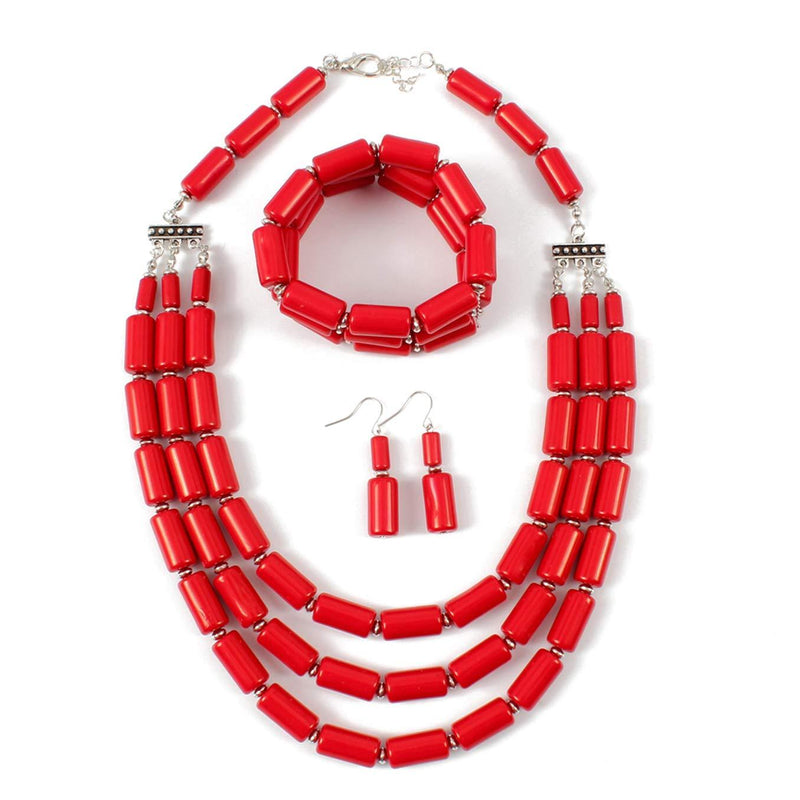 [Australia] - Ufraky Fashion Handmade Bead Multilayer Statement Necklace Bracelet Earrings Jewelry Set Red 