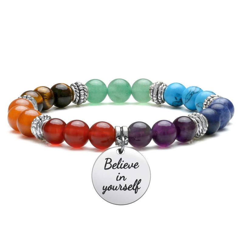 [Australia] - Jovivi 7 Chakra Bracelet Natural Gemstone Yoga Beads Reiki Healing Crystals Beaded Stone Stretch Bracelets with Inspirational Charm 7 Chakra:Believe in Yourself 