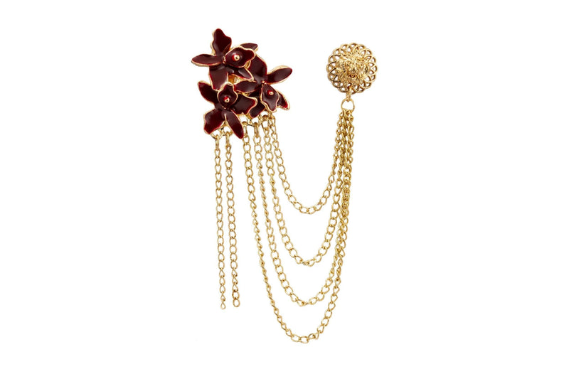 [Australia] - A N KINGPiiN Lapel Pin for Men Maroon and Gold Flowers with Hanging Chain and Abstract Detailing Brooch Costume Pin Shirt Studs Men's Accessories 