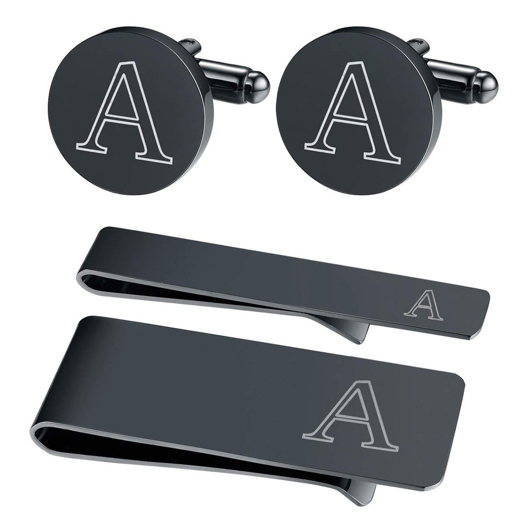 [Australia] - BodyJ4You 4PC Cufflinks Tie Bar Money Clip Button Shirt Personalized Initials Alphabet A-Z Gift Set Letter "A", Black 