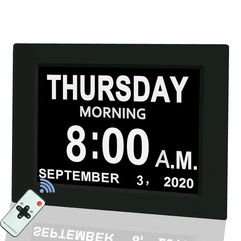 [Australia] - Digital Calendar Alarm Day Clock, 8" Large Screen Display, with 5 Alarm Options, AM/PM Function, for Impaired Vision People, Age Seniors, The Dementia, for Desk, Wall Mounted, with Remote Control 