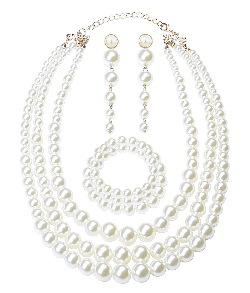 [Australia] - Finrezio Women's Faux Three Multi-Strand Pearl Necklace Long Pearl Dangle Earrings and Bracelet Jewelry Set for Women 