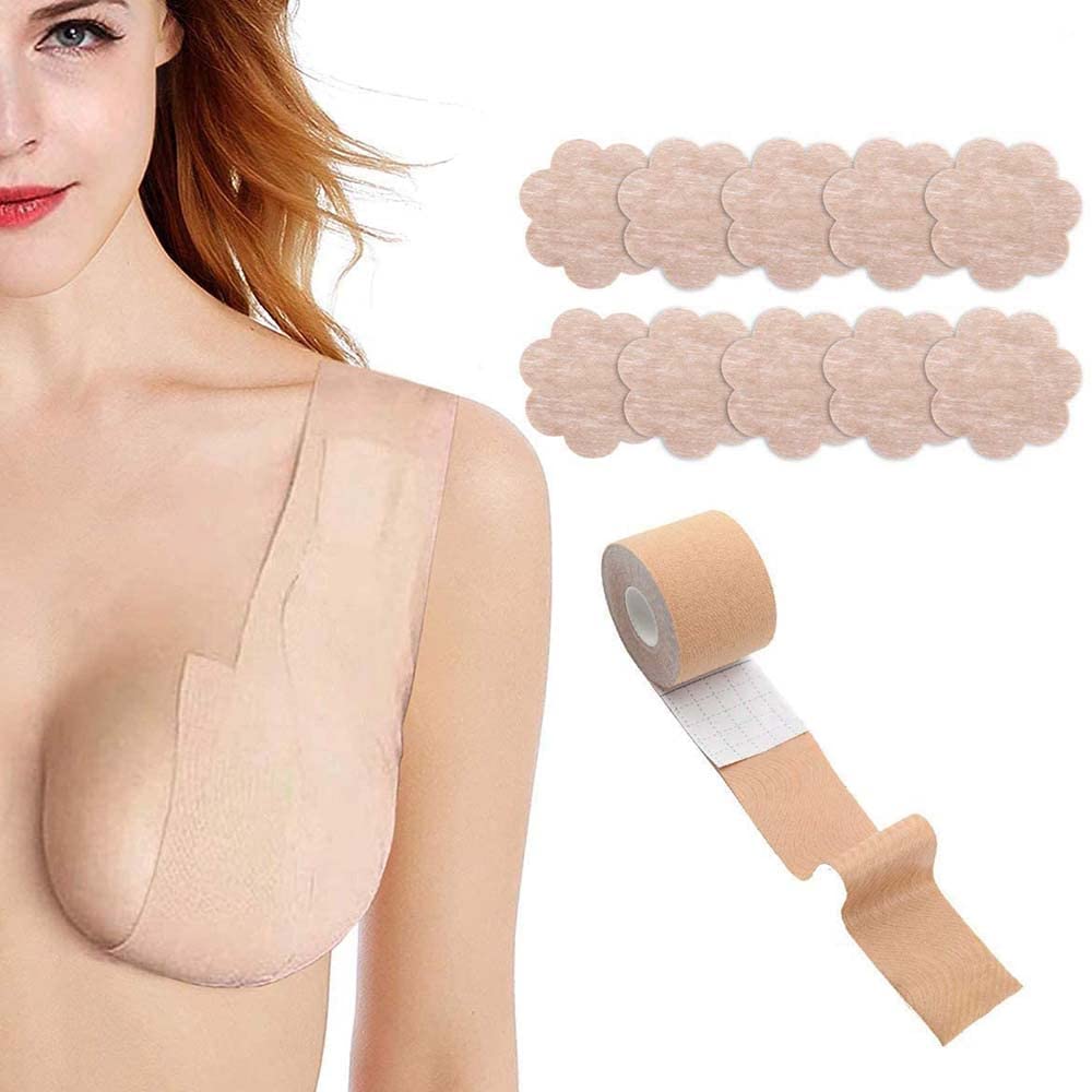 [Australia] - Boob Tape and 10 Pcs Petal Backless Nipple Cover Set, Breathable Breast Lift Tape Boobytape for Breast Lift Athletic Tape with Breast Petals Disposable Adhesive Bra for A-E Cup Large Breast 