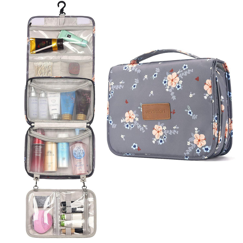 [Australia] - Toiletry Bag for Women, Large Hanging Travel Makeup Bag Water-resistant for Toiletries/Cosmetics/Brushes - Gray Grey Flower 