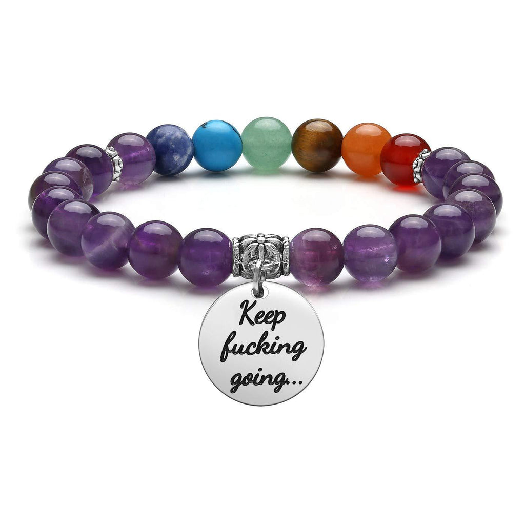 [Australia] - Top Plaza 7 Chakra Stone Bead Bracelets Yoga Reiki Healing Crystals Gemstone Beaded Bracelet Friendship Inspirational Message Charm Bracelet for Women Men Amethyst 