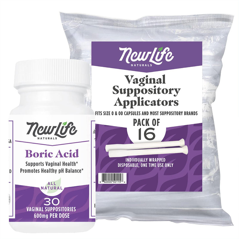 [Australia] - NewLife Naturals Boric Acid Suppositories 600mg w/ Vaginal Applicators: 30 Suppositories & 16 Applicators - Yeast Infection & BV: USA 