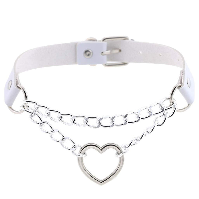 [Australia] - Women Girls Heart Leather Choker Collar Gothic Punk Rock Leather Pendant Necklace White 