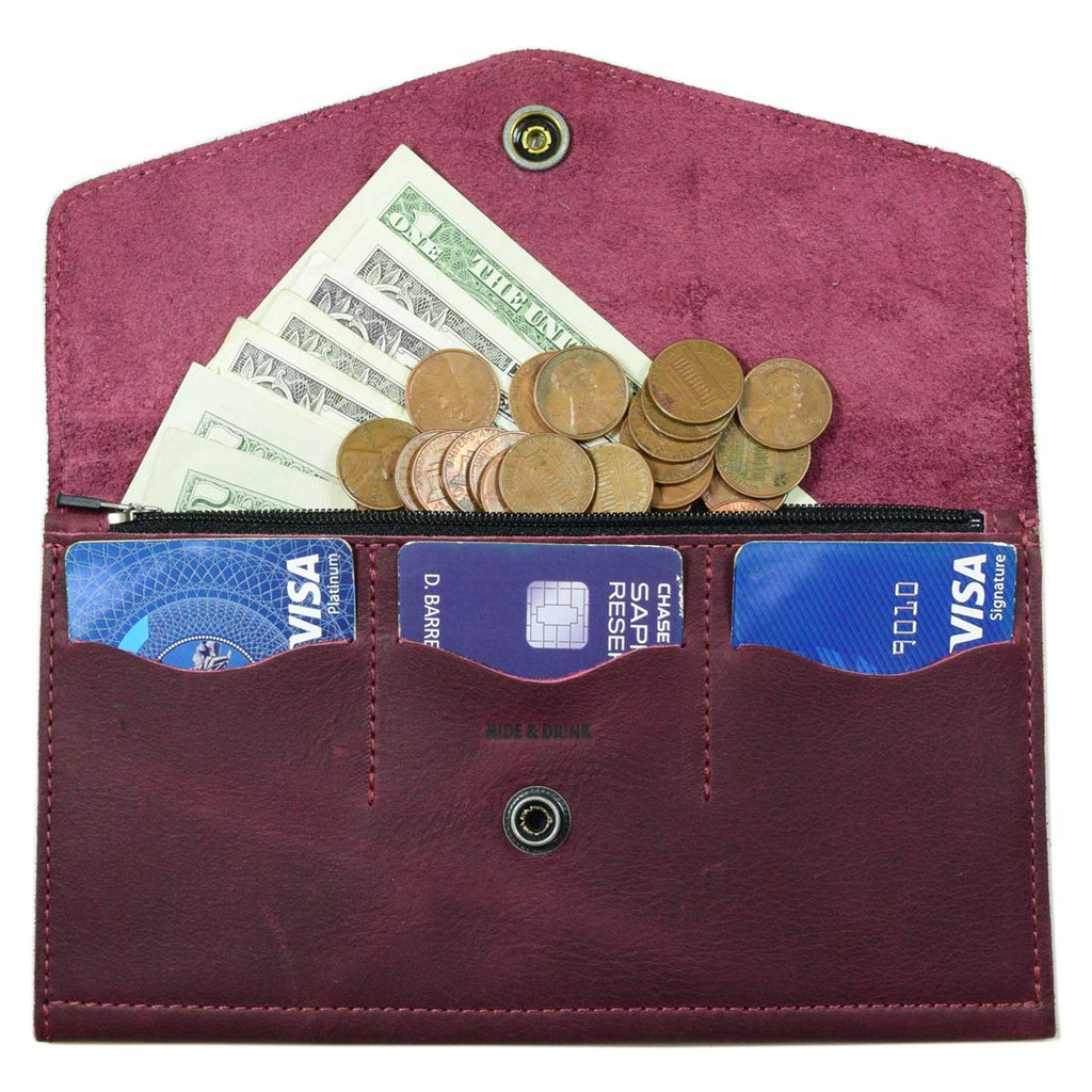 [Australia] - Hide & Drink, Leather Triple Card Wallet, Holds Up to 3 Cards Plus Flat Bills & Coins, Cash Organizer, Zippered Pouch, Accessories, Handmade Includes 101 Year Warranty :: Sangria 