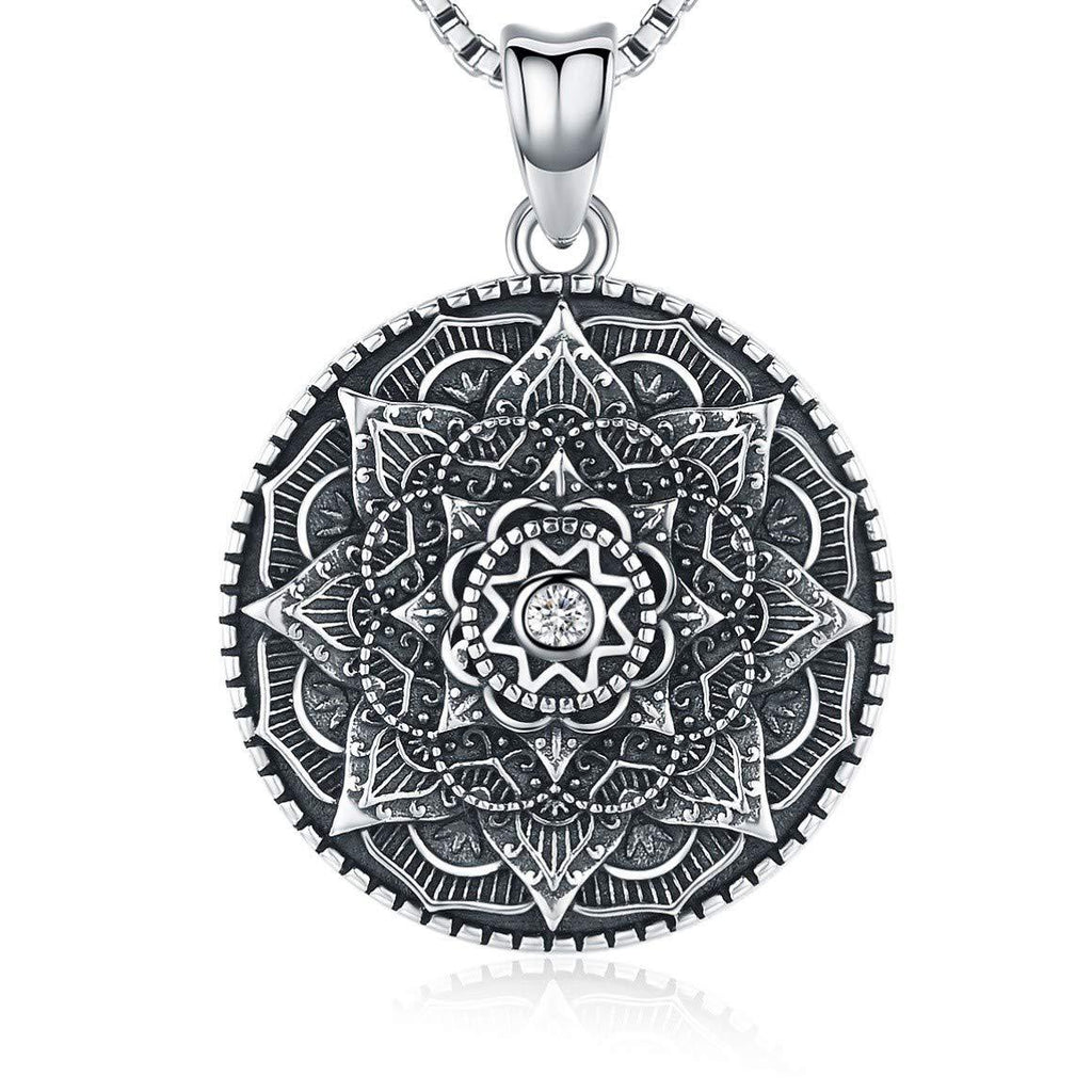 [Australia] - Friggem Sterling Silver Mandala Necklace,Flower of Life Pendant Necklace for Teen Girls Gift for Women,3D Blooming Black Mandala Pendant Chain 18",Vintage Viking Necklace Jewelry with Fine Gift Box 