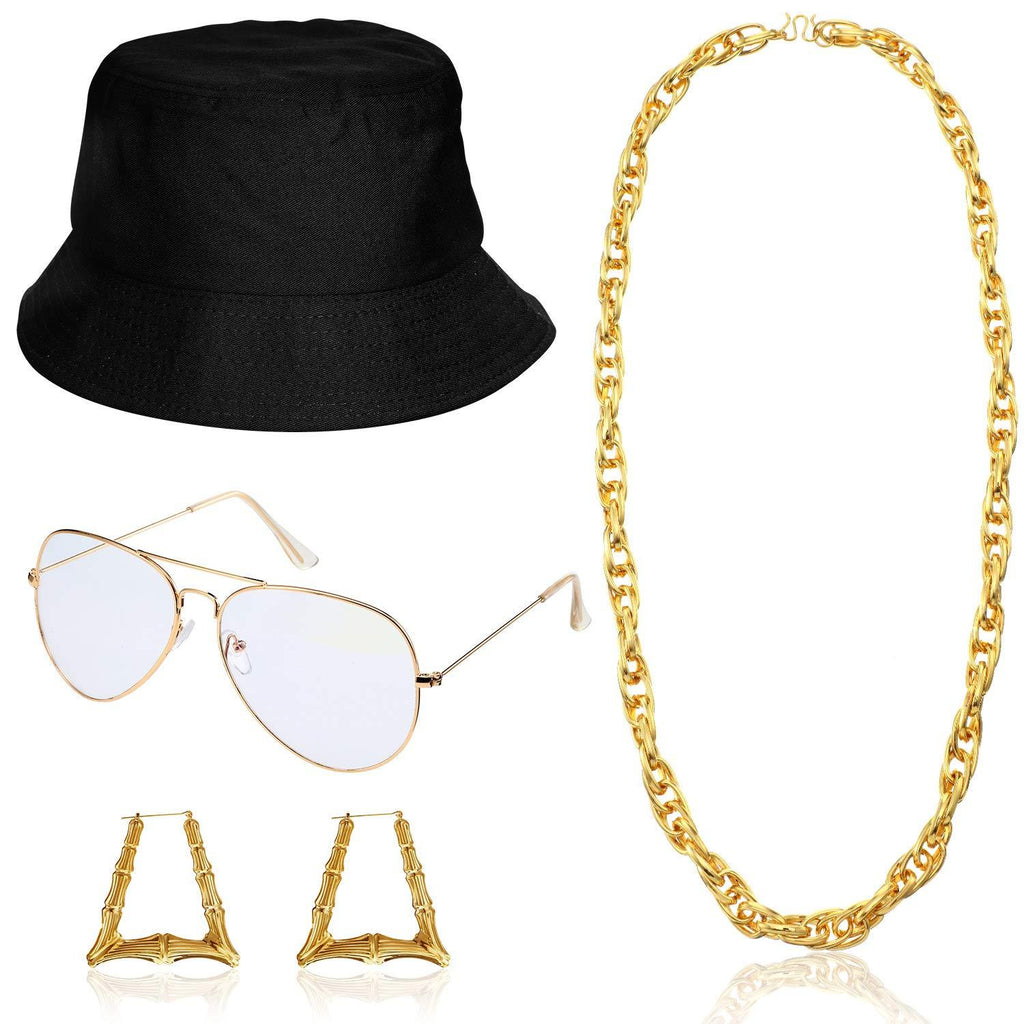 [Australia] - 80s/ 90s Hip Hop Costume Kit Rapper Costume Bucket Hat Sunglasses Earrings Gold Chain Accessories set 