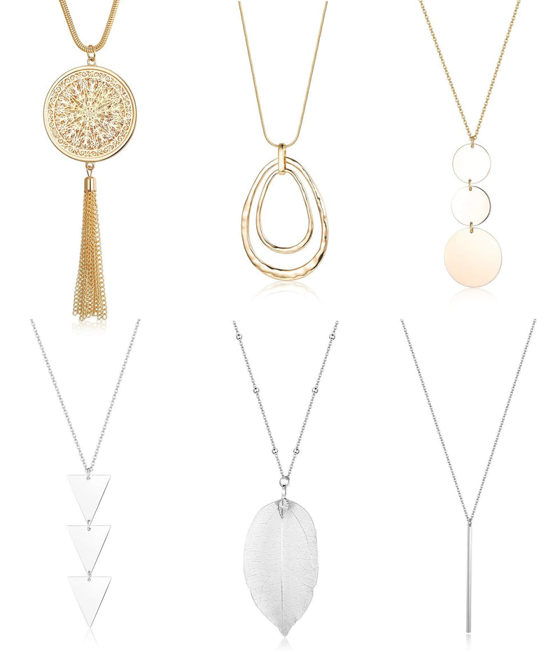 [Australia] - Finrezio 6PCS Long Pendant Necklace Set Tassel Pendant Simple Bar Necklace Strands for Women Silver tone+Gold tone 