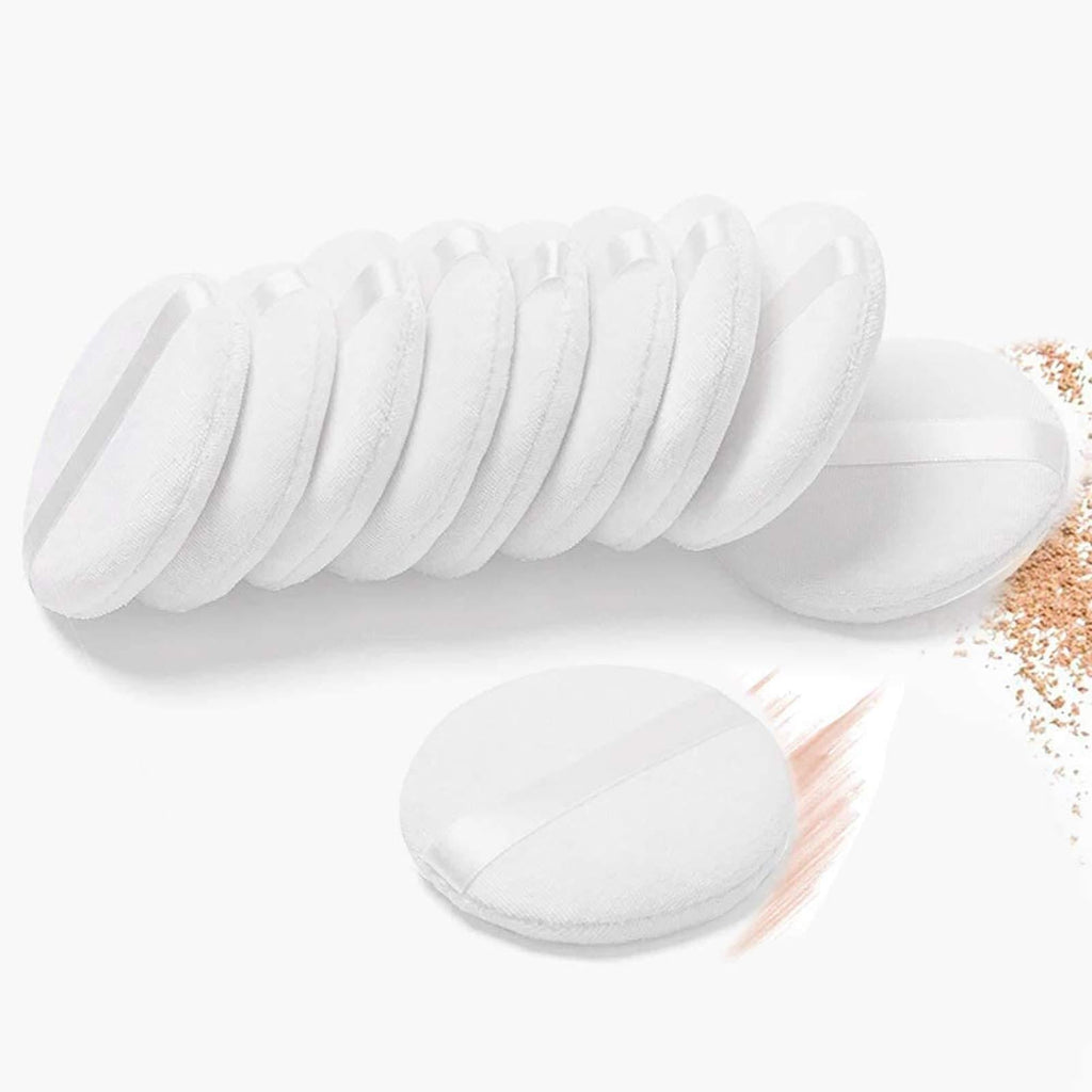[Australia] - 10 Pcs Powder Puff for Powder Foundation Body Powder and Loose Powder, 3.15 Inch Soft Cotton Smooth Apply Facial and Body Powder Puff with Ribbon Band Handle White 