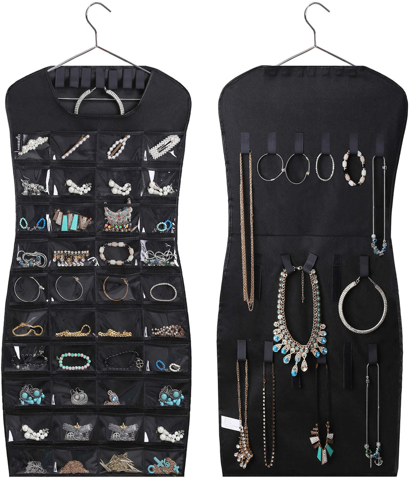 [Australia] - MISSLO Dual sided Hanging Jewelry Organizer with 40 Pockets and 24 Hook & Loops Closet Necklace Holder for Earring Bracelet Ring Chain with Hanger, Black 