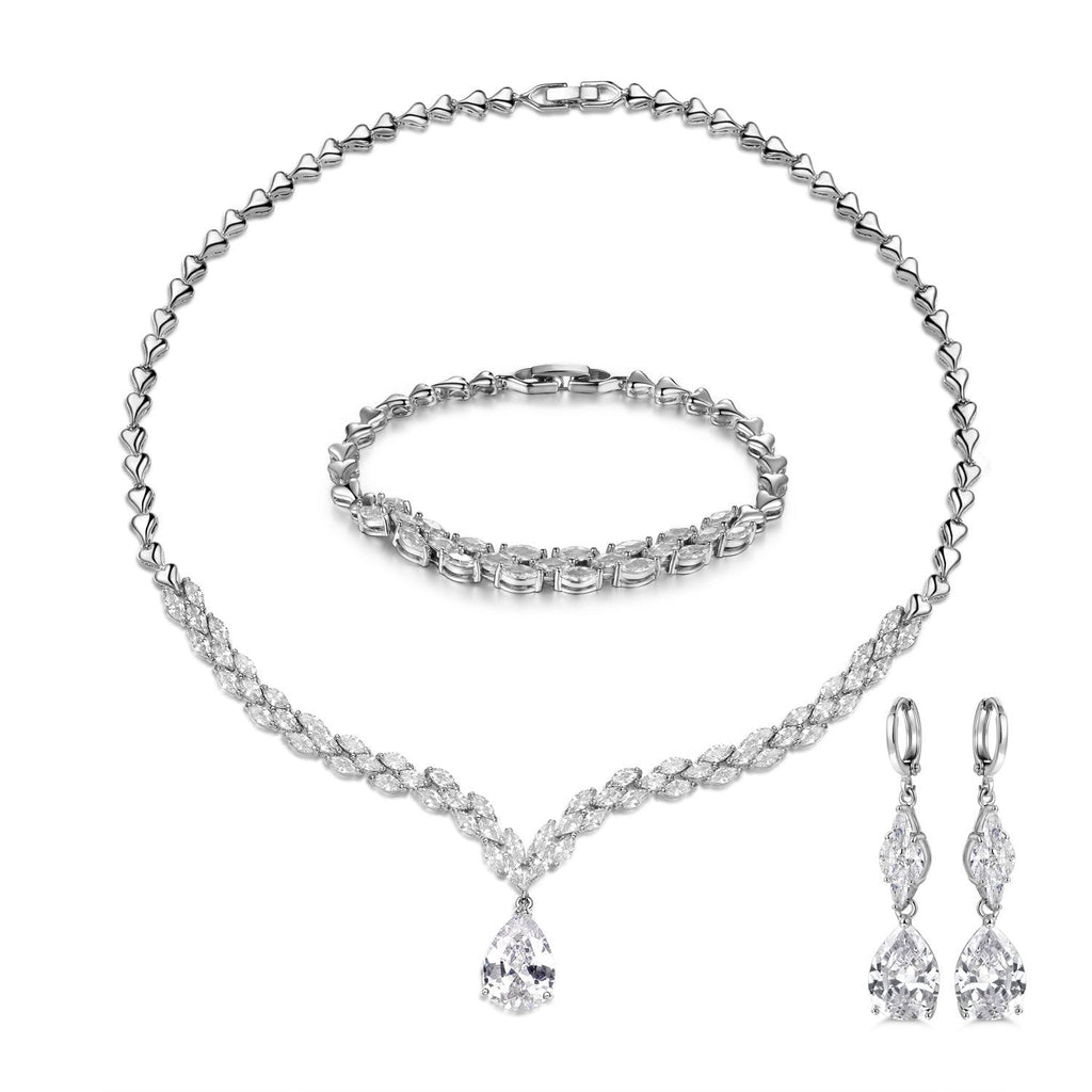 [Australia] - Syink Bridal Jewelry Set for Wedding Party Crystal CZ Zircon Earrings Bracelets Necklace Jewelry Set 3pcs Silver Tone Teardrop 2 