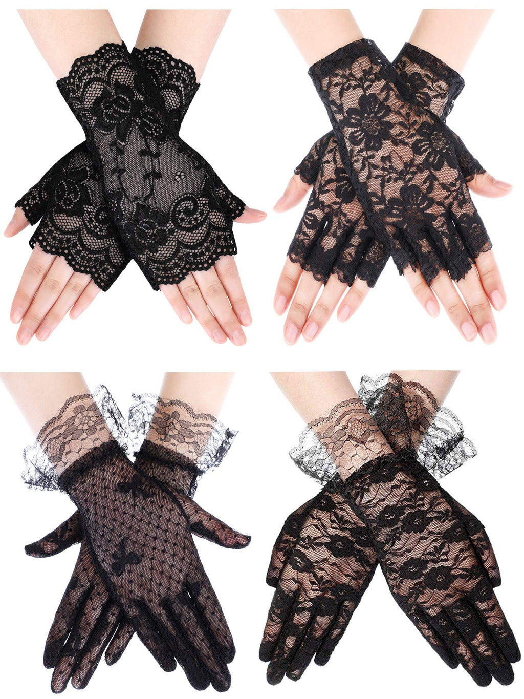 [Australia] - Women's Lace Gloves Floral Gloves Fingerless Gloves Sun Protection Gloves for Wedding Party (Color Set 2) 