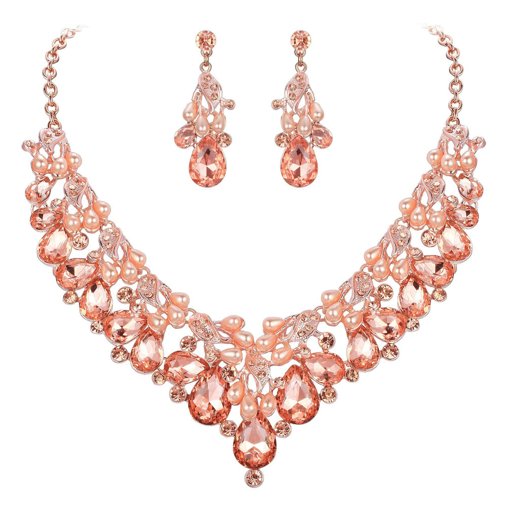 [Australia] - BriLove Wedding Jewelry Sets for Brides Rhinestone Simulated Pearl Teardrop Cluster Statement Necklace Dangle Earrings Peach Morganite Color Rose-Gold-Tone 