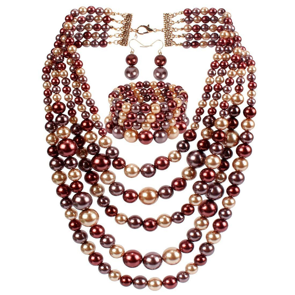 [Australia] - KOSMOS-LI Multi Layer Pearl Strand Costume Jewelry Sets NK10030SET BROWN 