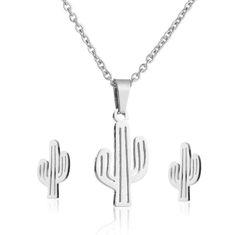 [Australia] - YOOE Stainless Steel Cactus Necklace Stud Earring Set. Cute Tropical Plants Pendant Necklace and Earring, Desert Pendant Jewelry for Women Silver 